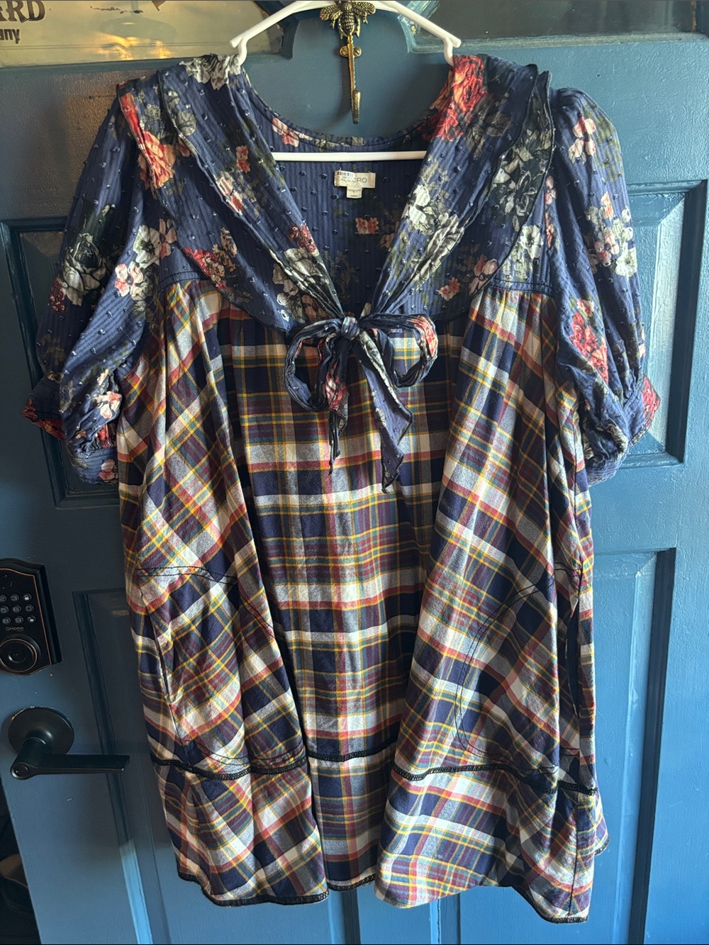 Plaid Tunic Dress with Floral Sailor Collar